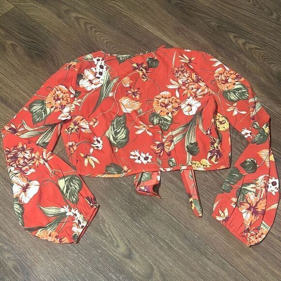NWT American Rag Womens Coral Cie Floral Tie Front Long‎ Sleeve Crop Top Small - Picture 6 of 8